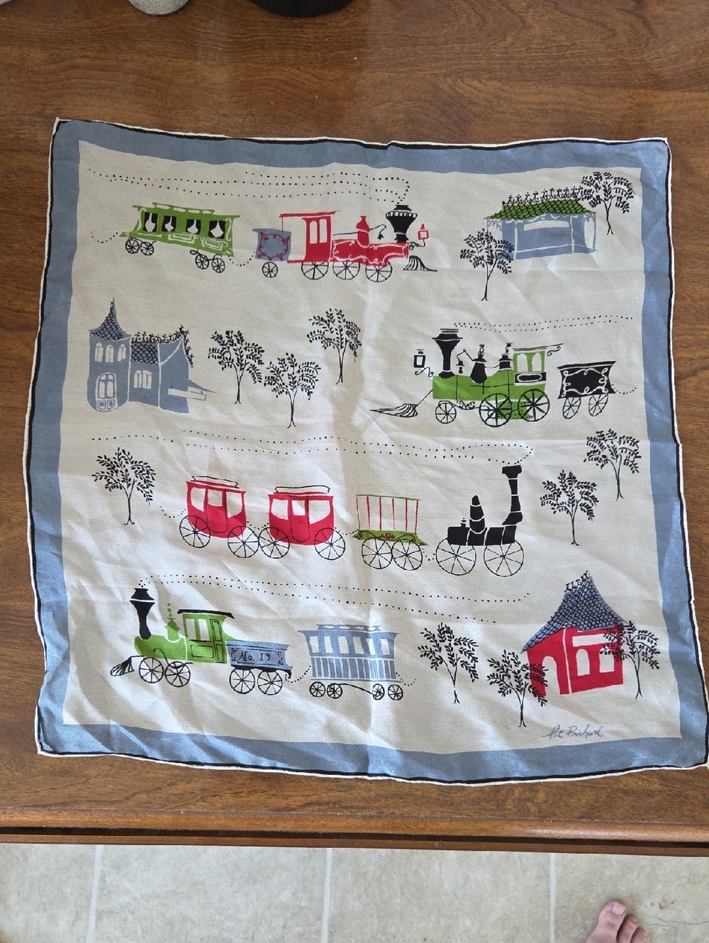 Vintage Train-Print Silky Scarf in Cream, Blue, Red & Green